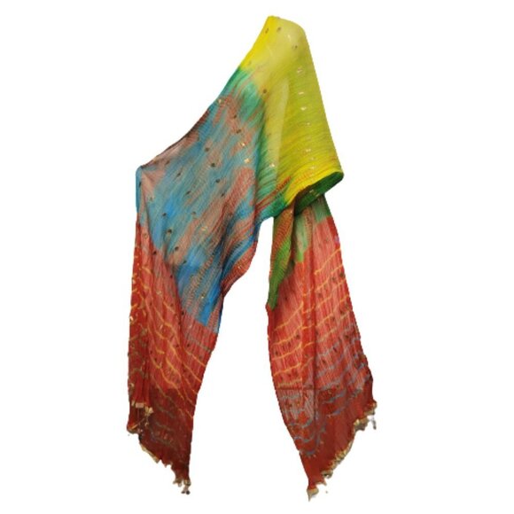 Colourful Dupatta Scarf Red Yellow Blue and Green Colors Gold Coin Tassels - NEW - Picture 2 of 7